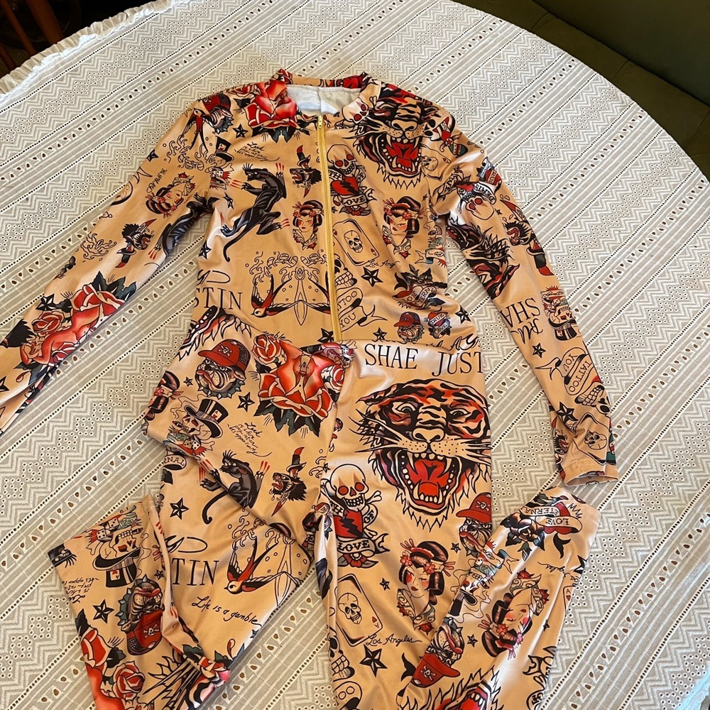 Graphic Print Jumpsuit japanese  tattoo print onsie body suit